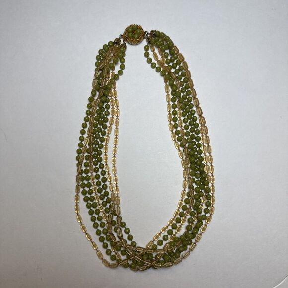 Vintage 1940s 8-Strand Green Beaded Torsade Necklace - Ornate Clasp Estate Piece - Picture 1 of 11